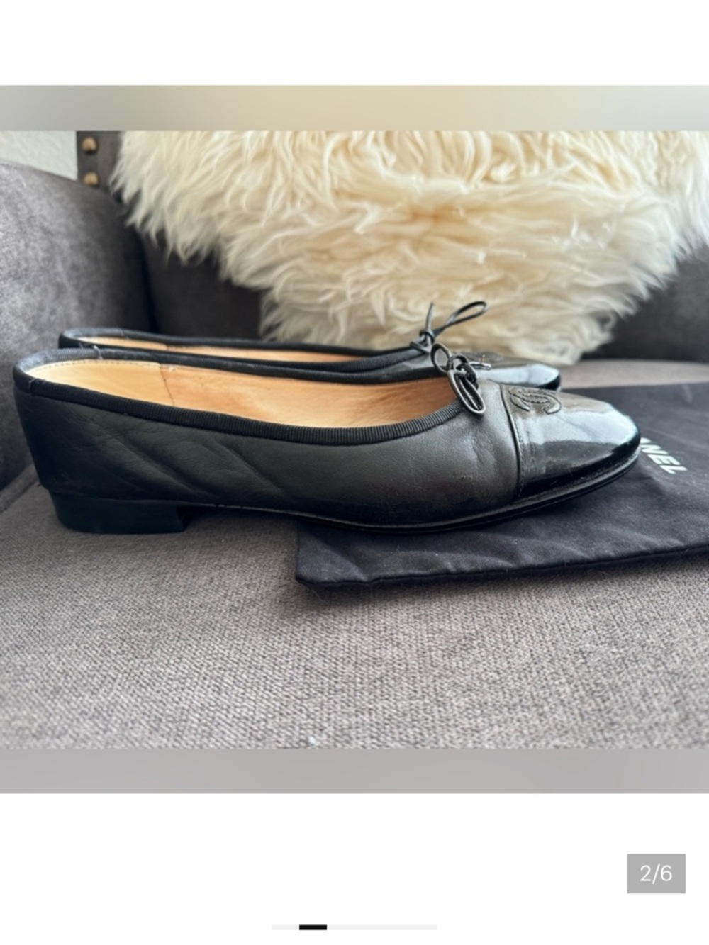 CHANEL Black Leather Ballerina Flats with Patent Cap Toe Size 38 1/2